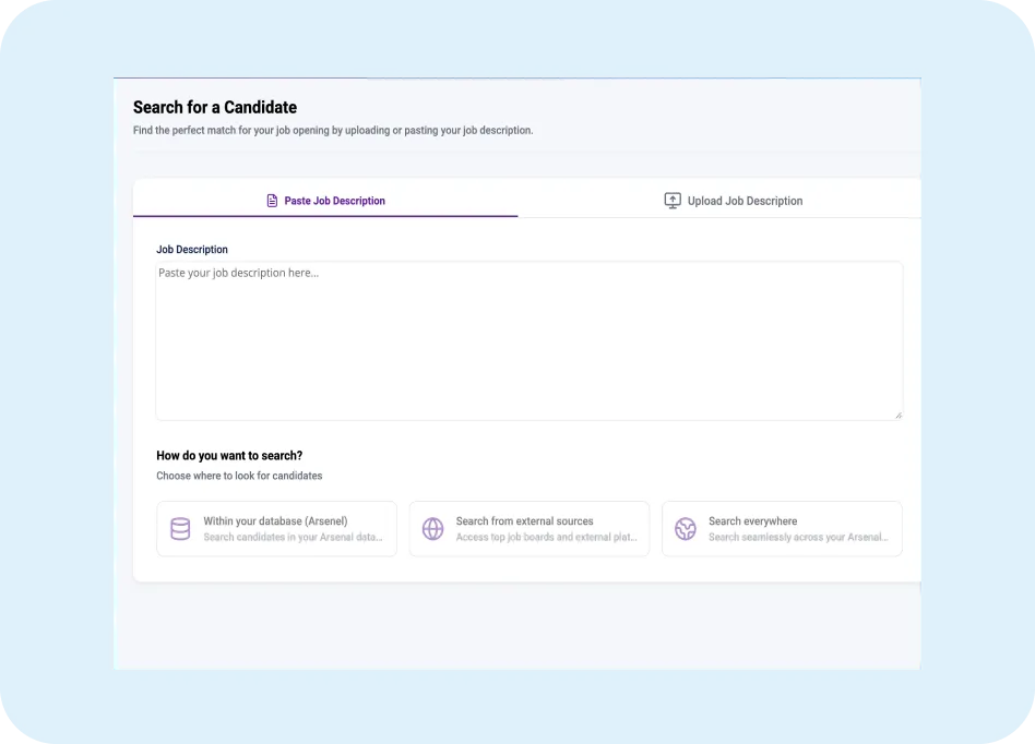 Search interface for candidates in ORO AI Recruiter Hub, featuring options to paste job descriptions or upload files, with selection buttons for sourcing methods.